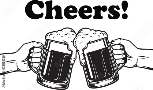 Hands Clinking Beer Mugs Vector: Cheers, Toast, Celebration, and Pub Typography Design