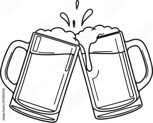 Simple Outline Beer Mugs Clinking Vector: Line Art Toast, Bar, and Celebration Icon with Splash