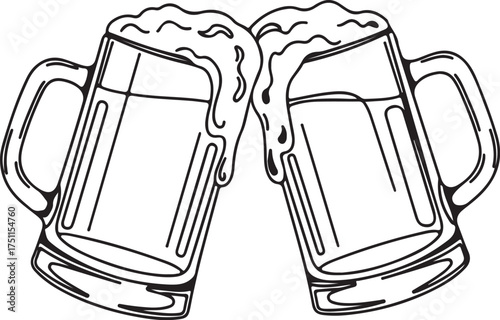 Clinking Beer Mugs Outline Vector Illustration: Toast, Cheers, Pub and Brewery Celebration Icon