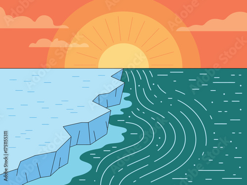 Illustration of iceberg melting into the ocean due to global warming on white background