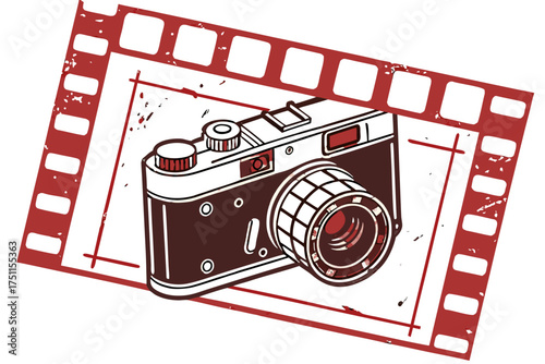 Vintage retro film camera with film strip and classic photography equipment