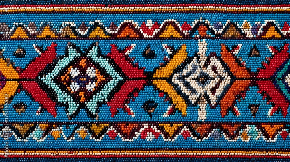 Tribal craft beadwork pattern with repeating diamonds and triangles in symmetry Tribal craft beadwork pattern with repeating diamonds and triangles in symmetry
