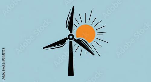 Illustration of a wind turbine with the sun behind it, symbolizing renewable energy and sustainable power generation on a light blue background