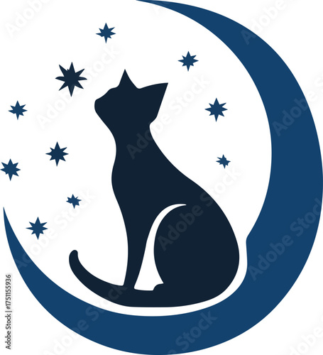 Cat silhouette sitting on crescent moon surrounded by stars at night  vector illustration
