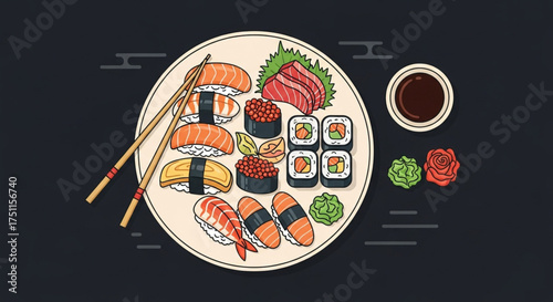 Delicious sushi platter with salmon nigiri, maki rolls, tuna sashimi and soy sauce illustration art