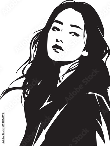 Stylish portrait of a beautiful woman with long hair silhouette vector illustration 