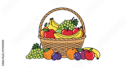 Fruit basket clip art vector illustration with apples bananas grapes oranges and plums for healthy eating