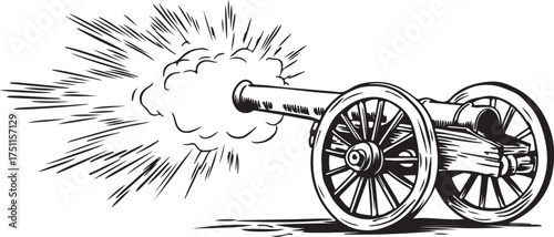 Vintage cannon firing a powerful blast silhouette vector illustration 
