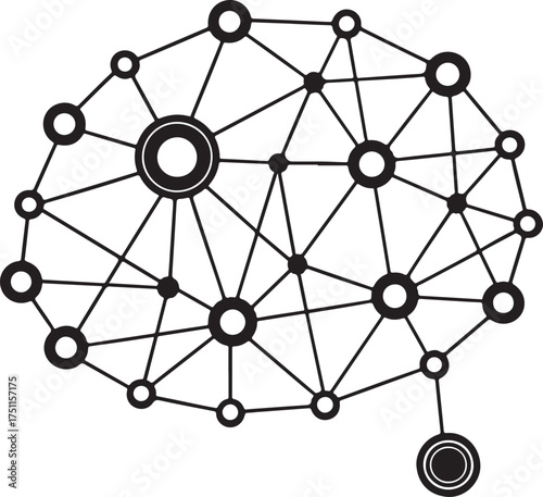 Abstract black and white network of interconnected circles forming a brain shape technology connection