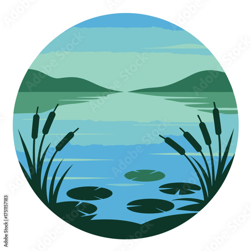 Serene Pond Landscape with Cattails and Lily Pads in a Circular Frame