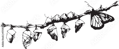 monarch butterfly metamorphosis stages on a branch silhouette vector illustration 