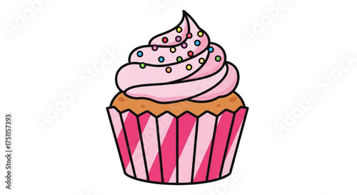 Delicious pink cupcake with sprinkles vector illustration for bakery and dessert related designs and projects