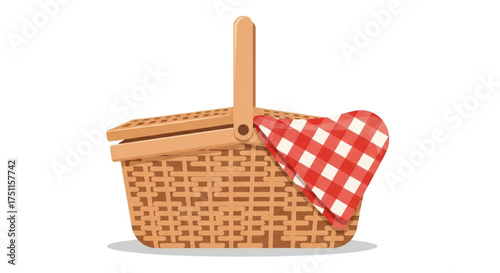Picnic basket vector illustration with red and white checkered cloth for outdoor summer recreation design