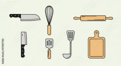 Kitchen utensils vector illustration with knife whisk rolling pin spatula and cutting board for cooking design needs