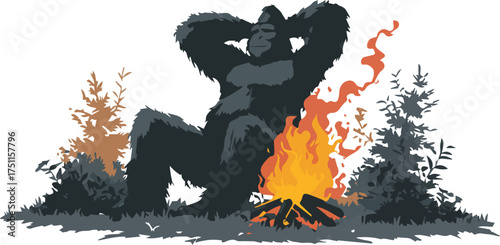 Illustration of a gorilla relaxing by campfire in the forest silhouette vector 