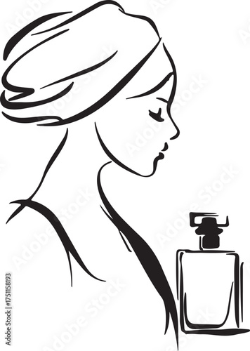 elegant woman with towel on head and perfume bottle silhouettes vector  illustration 