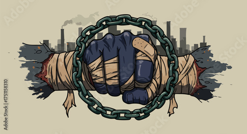 Fist breaking through a wall with a chain and industrial cityscape in the background
