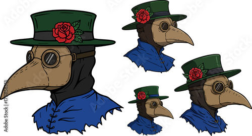 Plague doctor with rose on hat in various sizes against a dark black background
