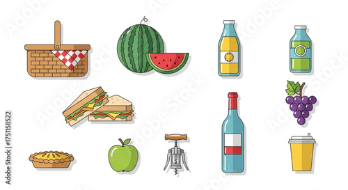 Picnic basket with food and drinks vector illustration for summer picnic day and outdoor recreation concept
