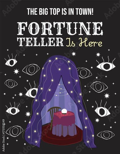 Circus Poster with Fortune Teller Tent. The Big Top is in Town & Fortune Teller Is Here Lettering