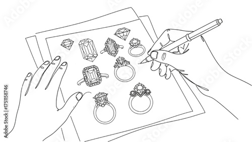One-Line Minimalist Illustration of a Jewelry Designer Sketching Gem Cuts and Ring Settings – Clean Black Line Art on White Background Symbolizing Creativity and Gem Design Planning