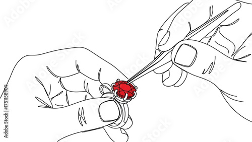 Minimalist One-Line Drawing of a Jeweler Mounting a Sparkling Gemstone onto a Ring – Elegant Black Line Art Depicting Fine Jewelry Craftsmanship and Precision Work
