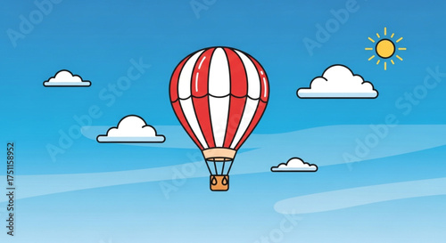 Cartoon hot air balloon ride vector illustration with clouds and sun in blue sky background for travel concept