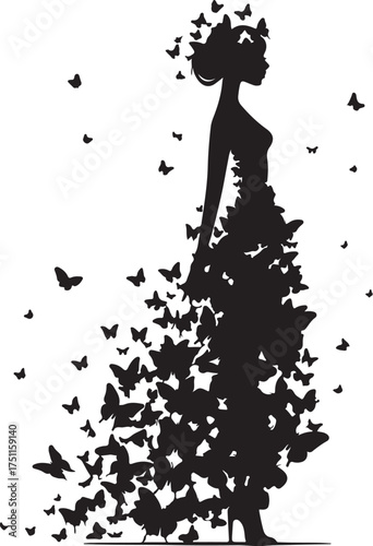 Beautiful woman silhouette in butterfly dress vector  illustration 