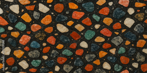 Seamless stone texture of round orange and black pebbles natural beach rock pattern wallpaper backdrop