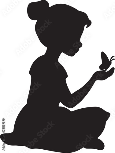Silhouette of a little girl with butterfly  vector illustration