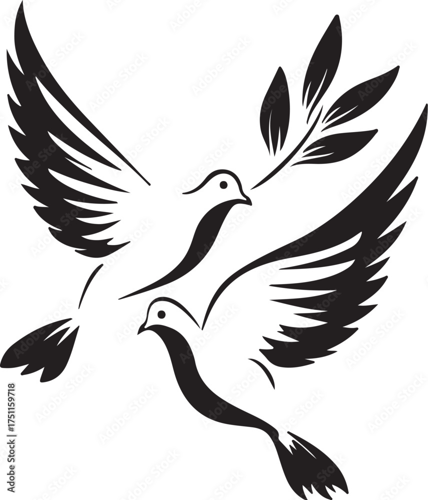 Obraz premium Two doves flying with olive branch vector silhouette