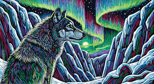 Vibrant Wolf Contemplating Northern Lights, Majestic Wilderness, and Celestial Spectacle