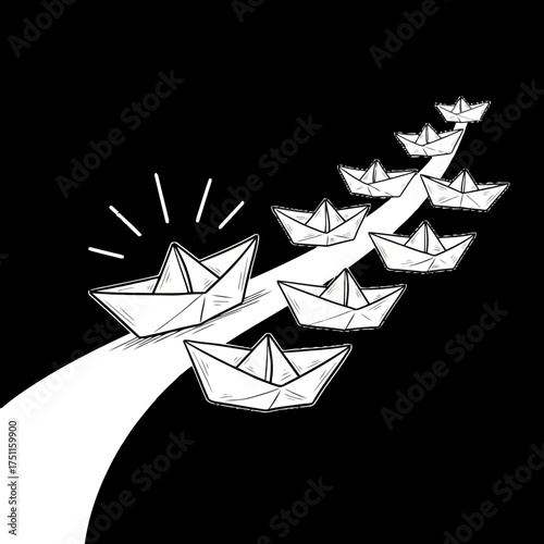 A group of paper boats sailing together in a line, led by one shining boat, symbolizing teamwork and leadership on a dark background