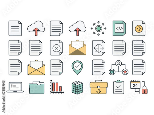Collection of colorful business and office related vector icons for website and app design resources featuring data management tools