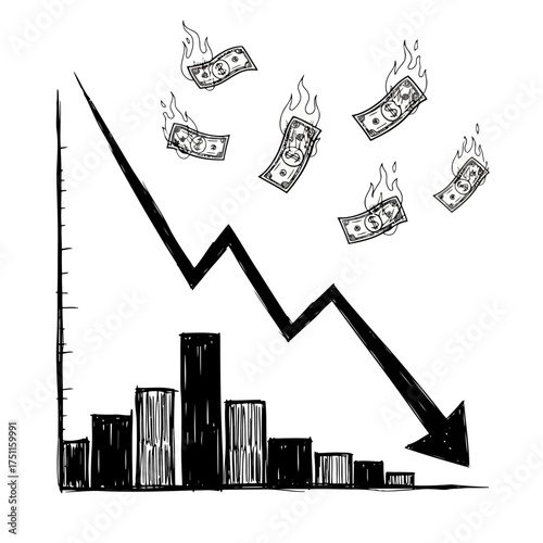 Handdrawn graph showing a sharp decline in value with burning banknotes falling from the sky
