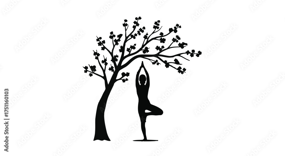 Fototapeta premium Silhouette of a person in tree pose yoga beneath a stylized tree, symbolizing balance and nature