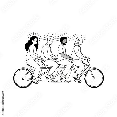 Diverse group of people riding a tandem bicycle together, symbolizing teamwork and unity