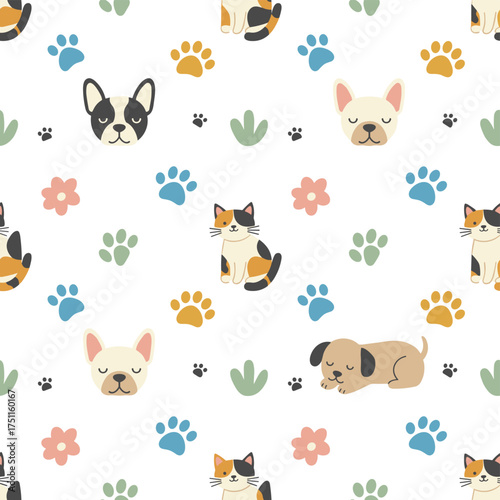 Seamless pattern featuring a dog paw, cat footprint, flower, French bulldog, kitten, calico, vector puppy, pet cartoon doodle, tile background, gift wrapping paper, repeat wallpaper, illustration