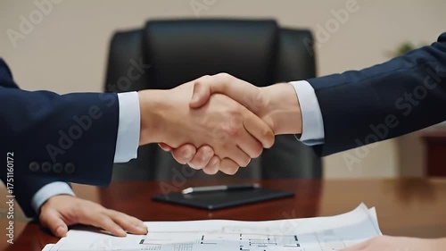 Two businessmen in dark navy suits completing a deal with a firm handshake over architectural blueprints on a polished wooden desk in a professional