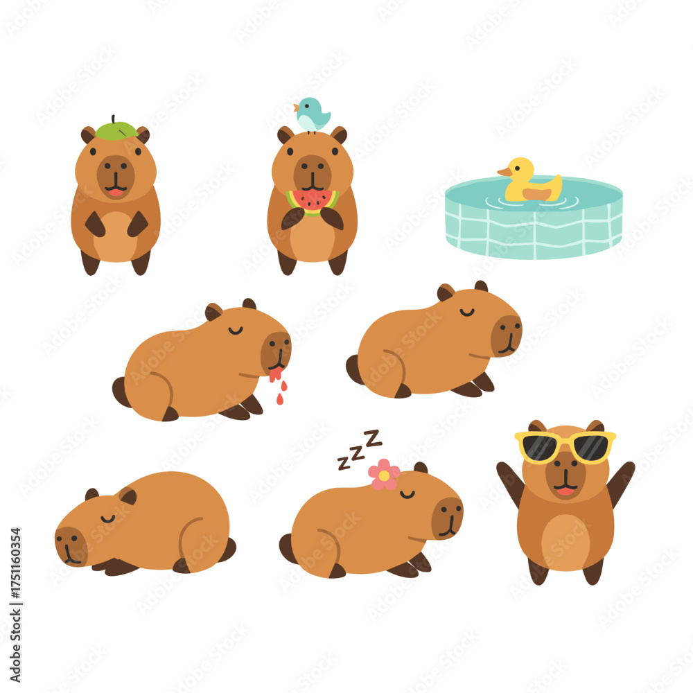 Fototapeta premium A collection of adorable and humorous capybara characters, featuring a cute rodent, rendered as vector illustrations of charming cartoon animals