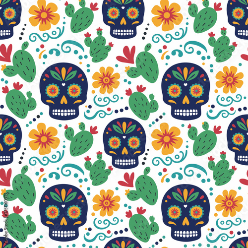 Seamless Mexican Day of the Dead pattern featuring skulls and flowers, ideal for designs, textiles, wrapping paper, scrapbooking, and Cinco de Mayo backgrounds