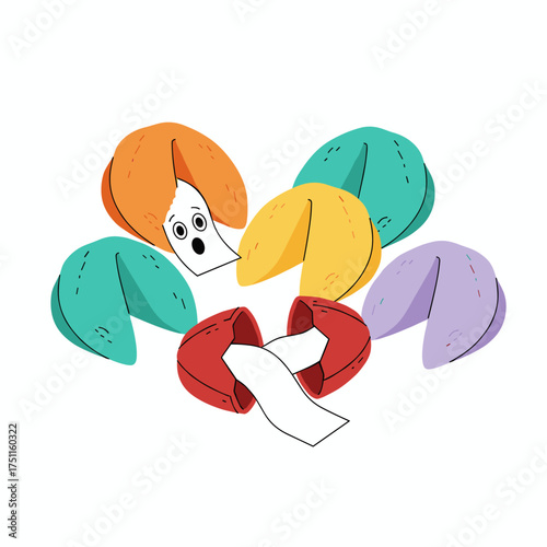 A set of Chinese fortune cookies, illustrated with colorful food, featuring crisp cookies that contain a blank paper with a surprising message inside, exemplifying traditional Chinese cuisine
