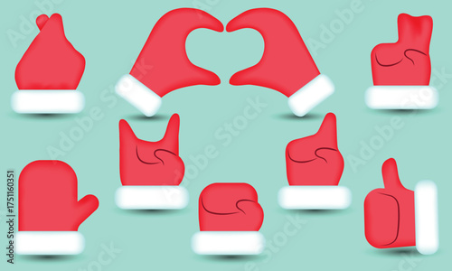 Santa Mittens in Different Positions Set of Eight Illustrations Cartoon Simple Style Isolated