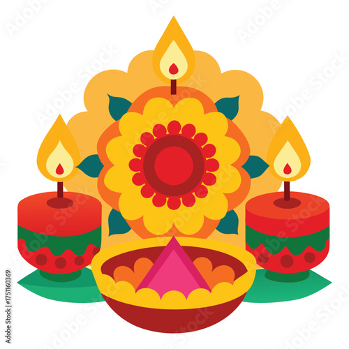Diwali Gift Arrangement with Glowing Diyas and Marigold Garlands on White Background