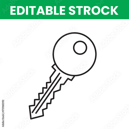 Simple line art icon of a house key with a circular bow and serrated blade
