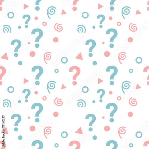 A seamless pattern with a blue‑and‑pink background for a gender reveal theme, ideal for baby shower invitations, announcements, or creative party designs, featuring a question‑mark background
