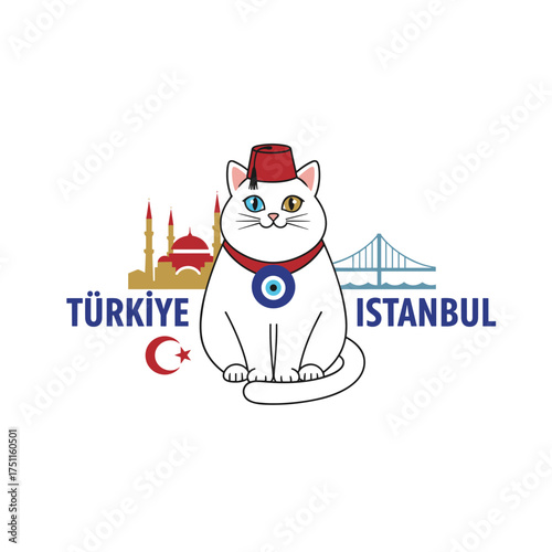 A charming Turkish cat wearing a red fez, embellished with an Evil Eye symbol, featuring a Turkish-themed design ideal for travel content and souvenirs, symbolizing Turkey and Istanbul
