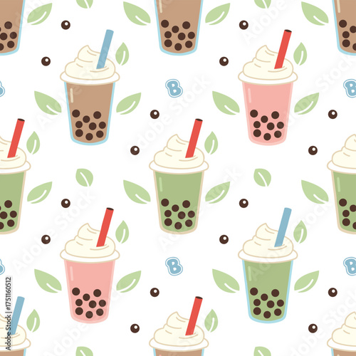 Vector illustration of a seamless bubble tea pattern with a BOBA background