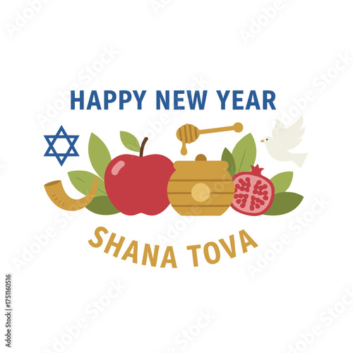 Vector illustration of a Rosh Hashanah greeting card banner featuring traditional icons such as apples, honey, leaves, and other Jewish New Year symbols, wishing a Happy New Year, Shana Tova