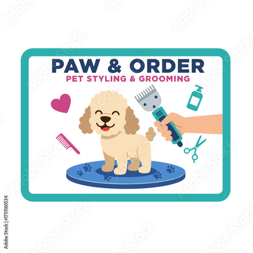 A pet store signboard showcases a dog grooming and styling shop, including a hair salon and animal shearing services